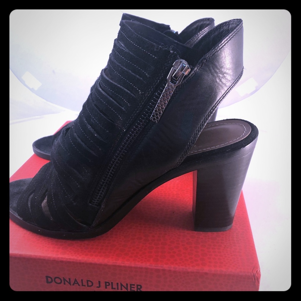 Black leather open toe zip sandals with block heel